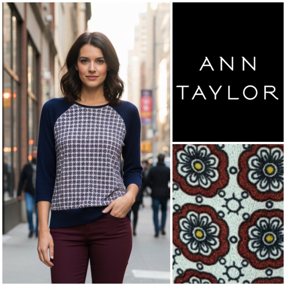 Ann Taylor Blue, Burgundy and White Floral Print Mixed Media Sweater